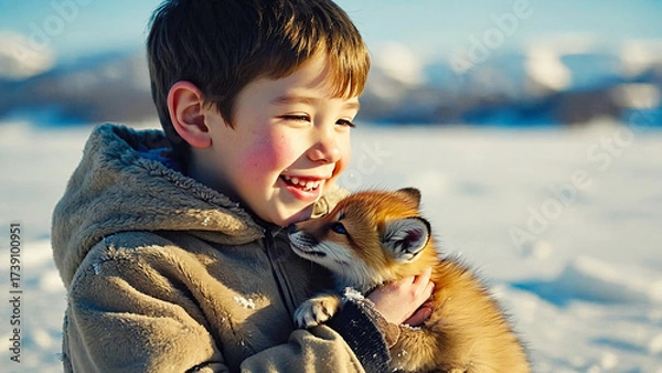 Fototapeta Close-up of a young Inuit boy in a fur parka warmly hugging a small Arctic fox pup. Emotional and cultural winter scene with wildlife connection.