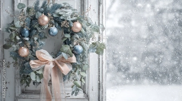 Fototapeta Festive Christmas Wreath with Silver and Rose Gold Ornaments Hanging on Rustic Window Frame