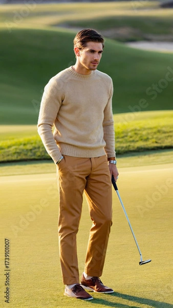Fototapeta Caucasian gentleman in neutral-toned cashmere sweater and slacks playing golf on a well-kept field. Elegant lifestyle, Old Money aesthetic, and leisure concept.