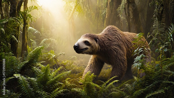 Fototapeta Prehistoric rainforest with towering ferns and mist, featuring a giant ground sloth walking through dense foliage. Paleontology and nature concept.