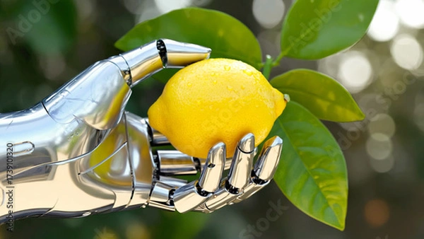 Fototapeta Close-up of a sleek robotic hand picking a ripe yellow lemon from a tree. Futuristic agriculture and advanced harvesting technology concept.