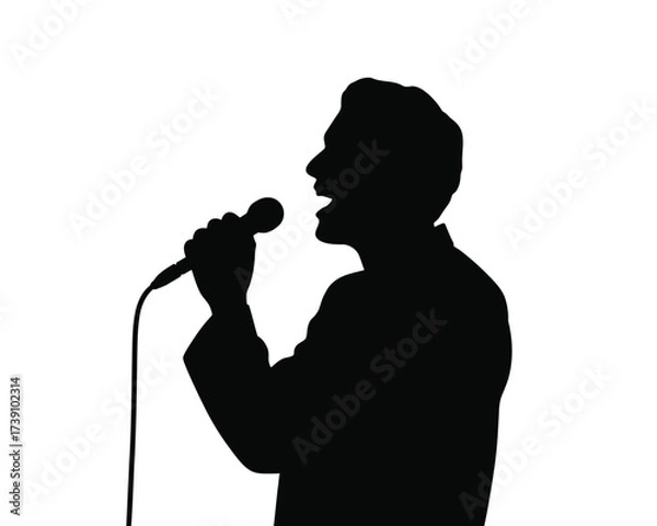 Fototapeta Black silhouette of a man singing into a microphone performance