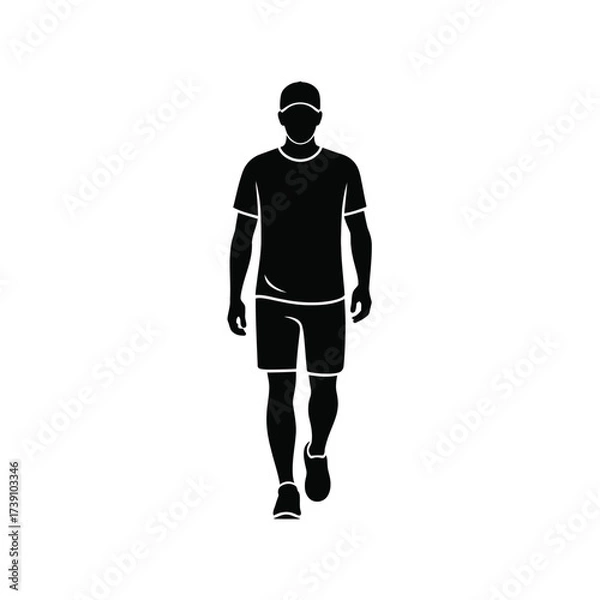 Fototapeta Black silhouette of a man walking forward wearing a t-shirt shorts and cap vector