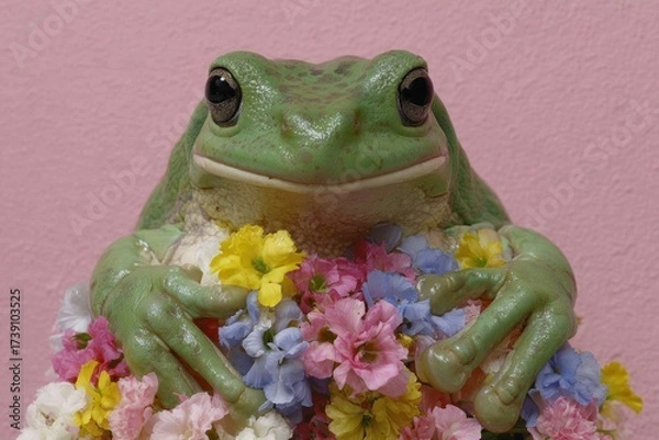 Fototapeta Close-up of a green frog statue, adorned with a garland of colorful flowers, set against pink
