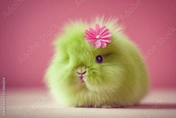 Fototapeta A fluffy, vibrant green bunny with a pink flower on its head against a pink backdrop