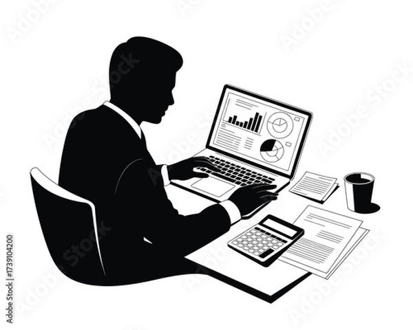 Fototapeta Black silhouette of a man working on a laptop at a desk business
