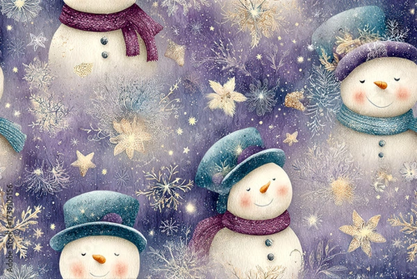 Fototapeta Whimsical Snowman Pattern with Festive Winter Elements and Starry Background. Christmas or New Year concept
