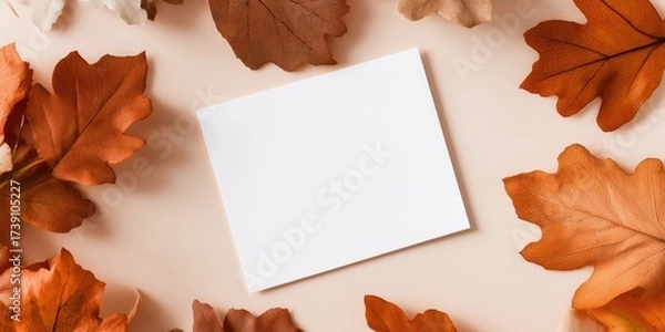 Fototapeta Autumn leaves surround a blank card on a soft surface perfect for seasonal crafting or greetings.