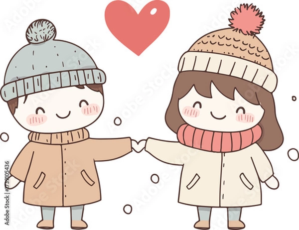 Obraz Adorable cartoon couple holding hands wearing winter coats and beanies with heart above