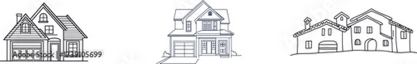 Obraz A house is illustrated in a continuous line, next to a house with a garage in line art, serving as an outline for a modern home building