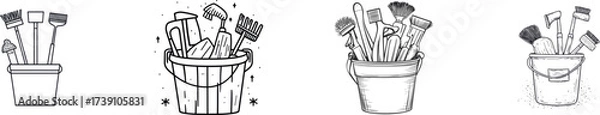 Obraz A simple, modern illustration in continuous one line art style depicts a bucket with washing supplies, conveying the concept of a cleaning service