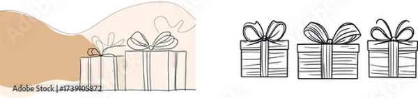 Obraz Modern design gift boxes, complete with a bow, are created in a line drawing style