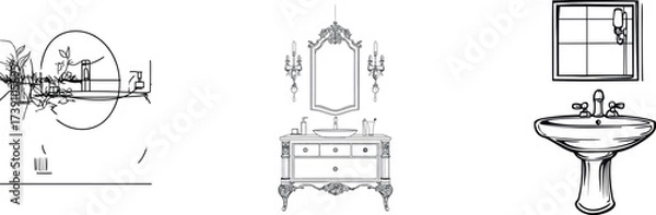 Obraz A modern bathroom's interior, including a wash basin and mirror, is visually represented through a continuous line art drawing style, with black linear sketches of the toilet room furniture set