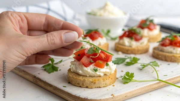 Fototapeta canapes with red fish and cucumber in hand