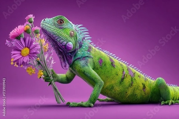 Obraz Vivid digital art of a green iguana holding a bouquet of colorful flowers on purple background