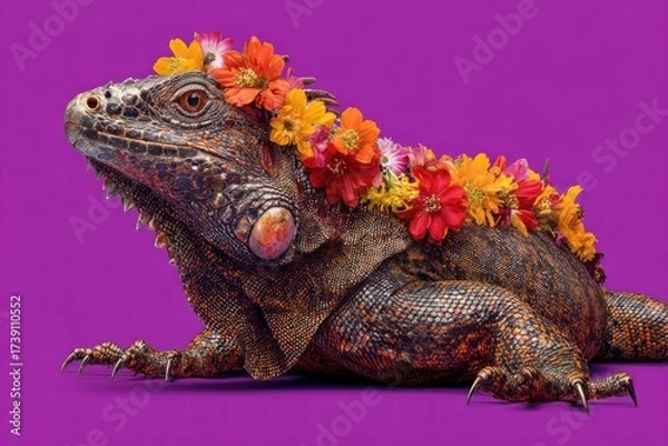 Fototapeta A close-up of an iguana adorned with a vibrant floral crown against a purple backdrop