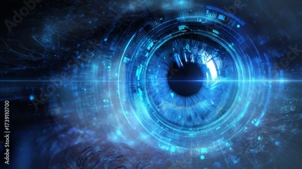 Obraz Futuristic eye symbolizing artificial intelligence with glowing circuits and holographic elements
