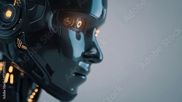 Obraz Close up of futuristic humanoid robot face with metallic features and glowing digital eyes