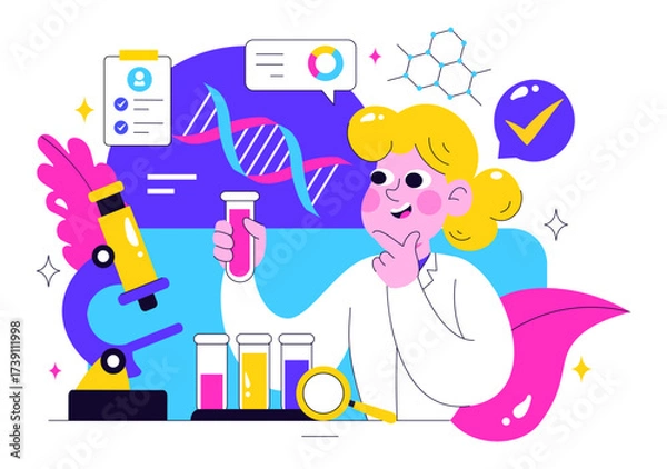 Obraz Genetics Testing Illustration Featuring DNA Molecule Structure, Scientific Research, and Laboratory Experiment with Scientists in a Technological