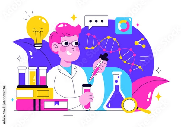 Obraz Genetics Testing Illustration Featuring DNA Molecule Structure, Scientific Research, and Laboratory Experiment with Scientists in a Technological