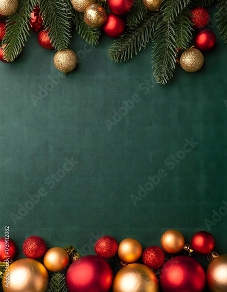 Obraz Dark green background gold and red balls at the bottom.