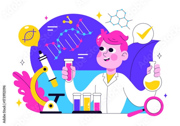 Obraz Genetics Testing Illustration Featuring DNA Molecule Structure, Scientific Research, and Laboratory Experiment with Scientists in a Technological