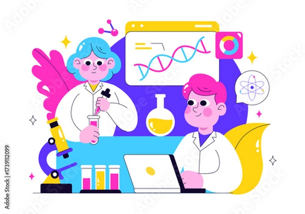 Obraz Genetics Testing Illustration Featuring DNA Molecule Structure, Scientific Research, and Laboratory Experiment with Scientists in a Technological