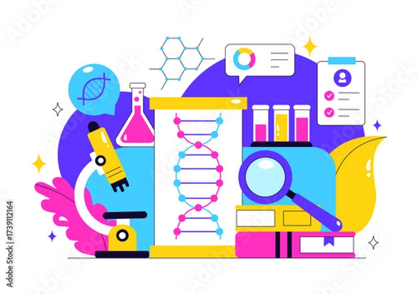 Obraz Genetics Testing Illustration Featuring DNA Molecule Structure, Scientific Research, and Laboratory Experiment with Scientists in a Technological