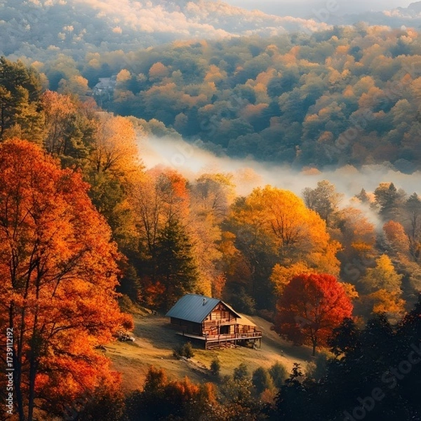 Obraz hillside covered with vibrant red, yellow, and orange foliage, with a cozy cabin nestled between the trees and mist rising in the early morning light