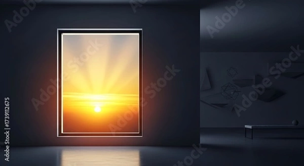 Fototapeta Illuminated window displays bright orange sunset with sun rays in dark room sunrise light