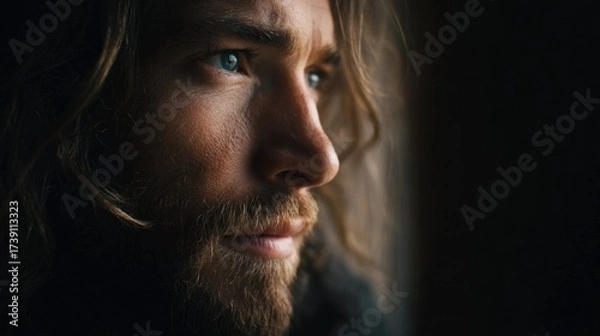 Fototapeta close-up of Jesus in contemplative gaze through window light, soft shadows, peaceful ambiance, copyspace