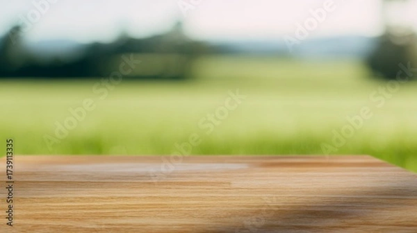 Obraz Minimalist wooden table surface with blurred summer field background for clean product placement