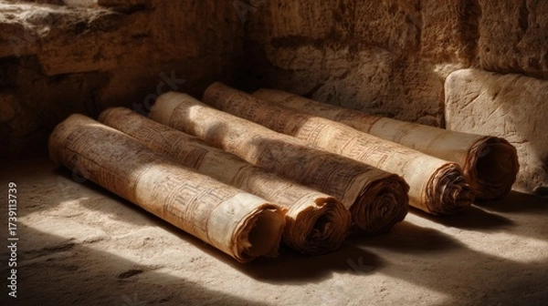 Fototapeta ancient scrolls laid out on sandstone floor with early Christian and Hebrew symbols, side light casting long shadows, copyspace above