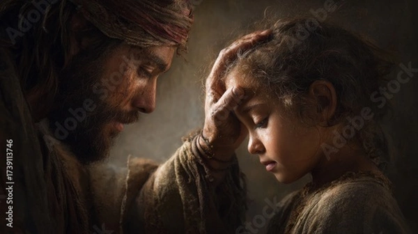 Fototapeta Jesus blessing a child with hand on head, warm and emotional composition