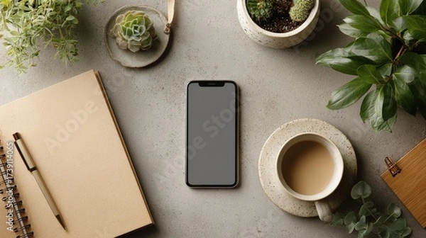 Fototapeta remote working desk flat lay with stylish accessories, dual screen, planner, smartphone, mug, and indoor plants, copyspace upper right