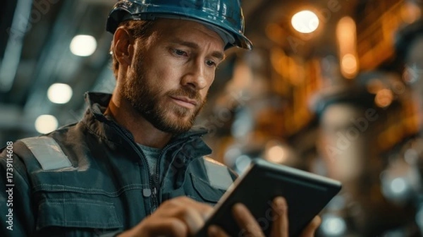 Fototapeta engineer working with tablet in industrial environment, checking machinery data, focused expression, copyspace on side