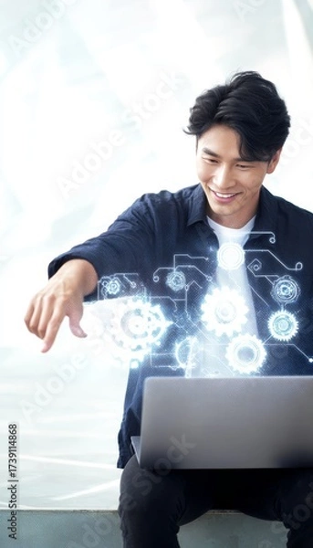 Obraz Young asian businessman interacting with a hologram of rpa technology and automated data transfer.