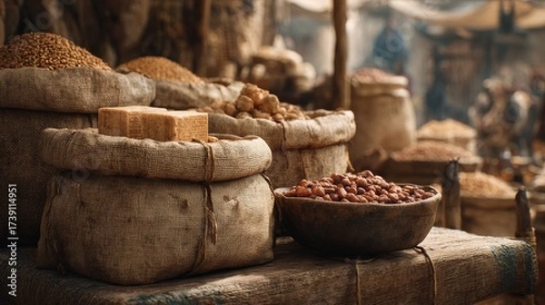 Fototapeta ancient economic system in Mesopotamian marketplace, clay tablets and grain-based trade, cinematic realism, copyspace left