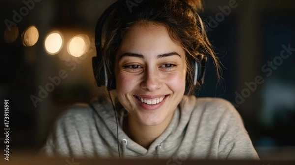 Fototapeta video call at home setup, person using headphones and smiling at screen, warm lighting and clean background, copyspace left