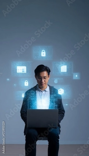 Obraz Asian male professional managing secure data with holographic visuals in a minimal office setting