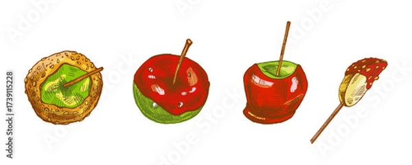 Fototapeta Hand drawn vintage sketch set of caramel apples and candied fruits on stick in festive color version