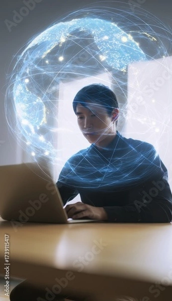 Obraz Young asian businessman in minimal workspace with holographic globe illustrating global teamwork