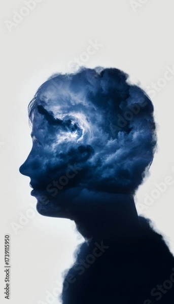 Obraz Silhouette of a human head with stormy clouds, representing anxiety and emotional weight