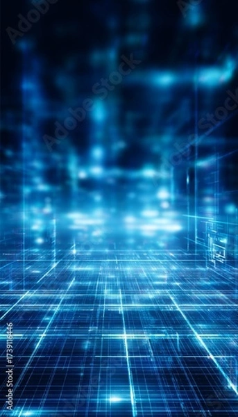 Obraz Futuristic digital technology background with blue grids, data streams, and geometric patterns