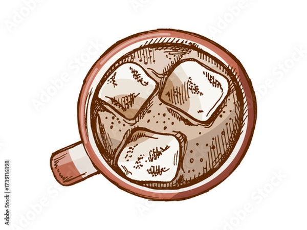Fototapeta Hand drawn vintage sketch of iced drink with ice cubes in ceramic mug, top view, color version