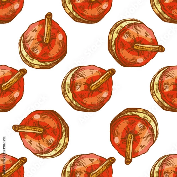Fototapeta Hand drawn vintage seamless pattern of caramel candied apple on stick in bright red glaze, color version