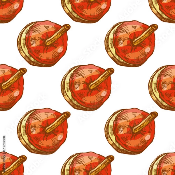 Fototapeta Hand drawn vintage seamless pattern of caramel candied apple on stick in bright red glaze, color version