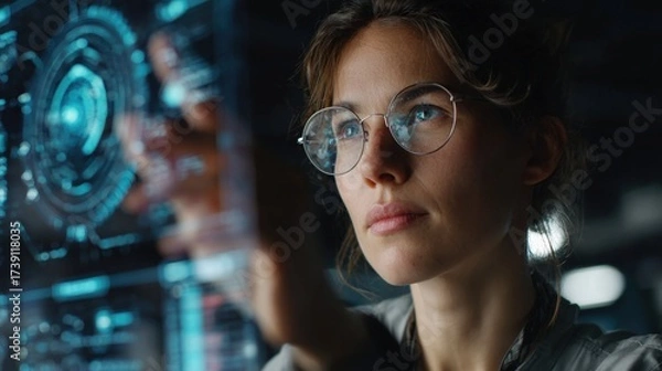 Fototapeta engineer reviewing AI project on holographic interface, digital data floating in air, futuristic office style