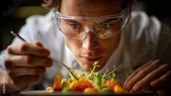 Fototapeta chef with lab goggles plating experimental foam-based dish, molecular cooking lab-style kitchen, copyspace upper right