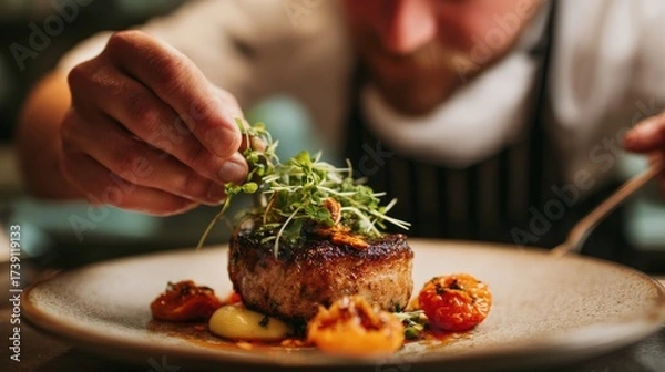 Fototapeta chef adding final touch with herbs and sauce on a gourmet dish, focused close-up with blur background, copyspace left